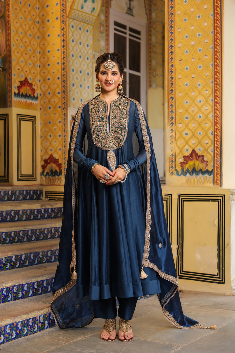 Ahista Blue Kalidaar Set silk chanderi kurta/kurta set by Niti Bothra in blue for women in Singapore