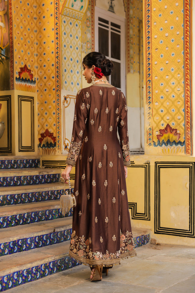 Ahista Brown Jacket Anarkali Set silk tencel kurta/kurta set by Niti Bothra in brown for women in Singapore