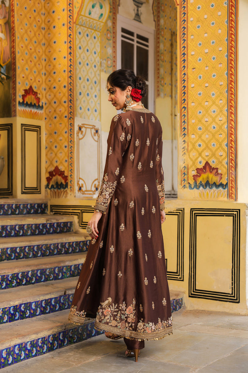 Ahista Brown Jacket Anarkali Set silk tencel kurta/kurta set by Niti Bothra in brown for women in Singapore