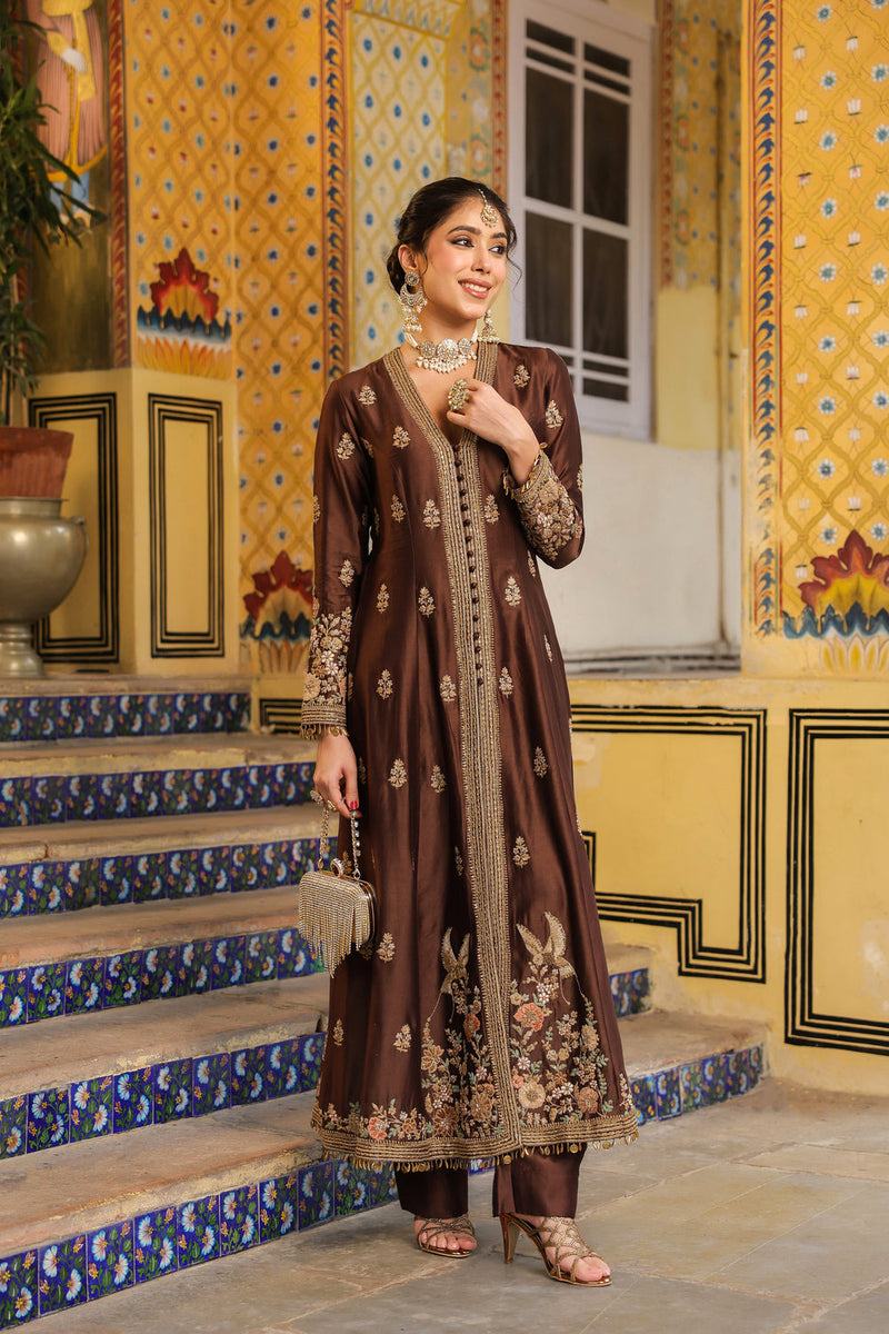 Ahista Brown Jacket Anarkali Set silk tencel kurta/kurta set by Niti Bothra in brown for women in Singapore