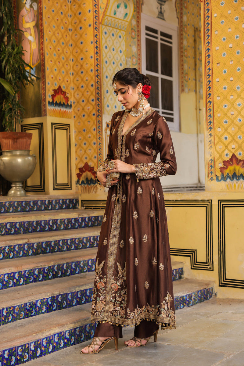Ahista Brown Jacket Anarkali Set silk tencel kurta/kurta set by Niti Bothra in brown for women in Singapore