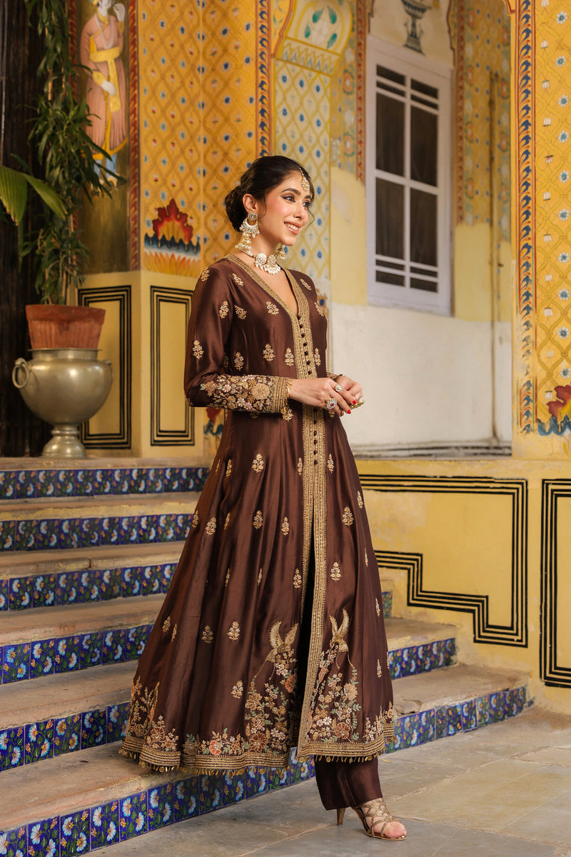 Ahista Brown Jacket Anarkali Set silk tencel kurta/kurta set by Niti Bothra in brown for women in Singapore