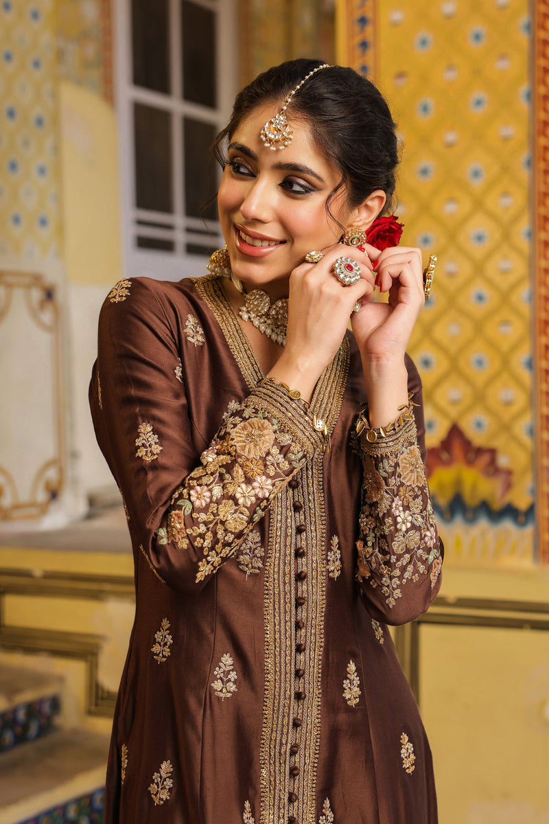 Ahista Brown Jacket Anarkali Set silk tencel kurta/kurta set by Niti Bothra in brown for women in Singapore