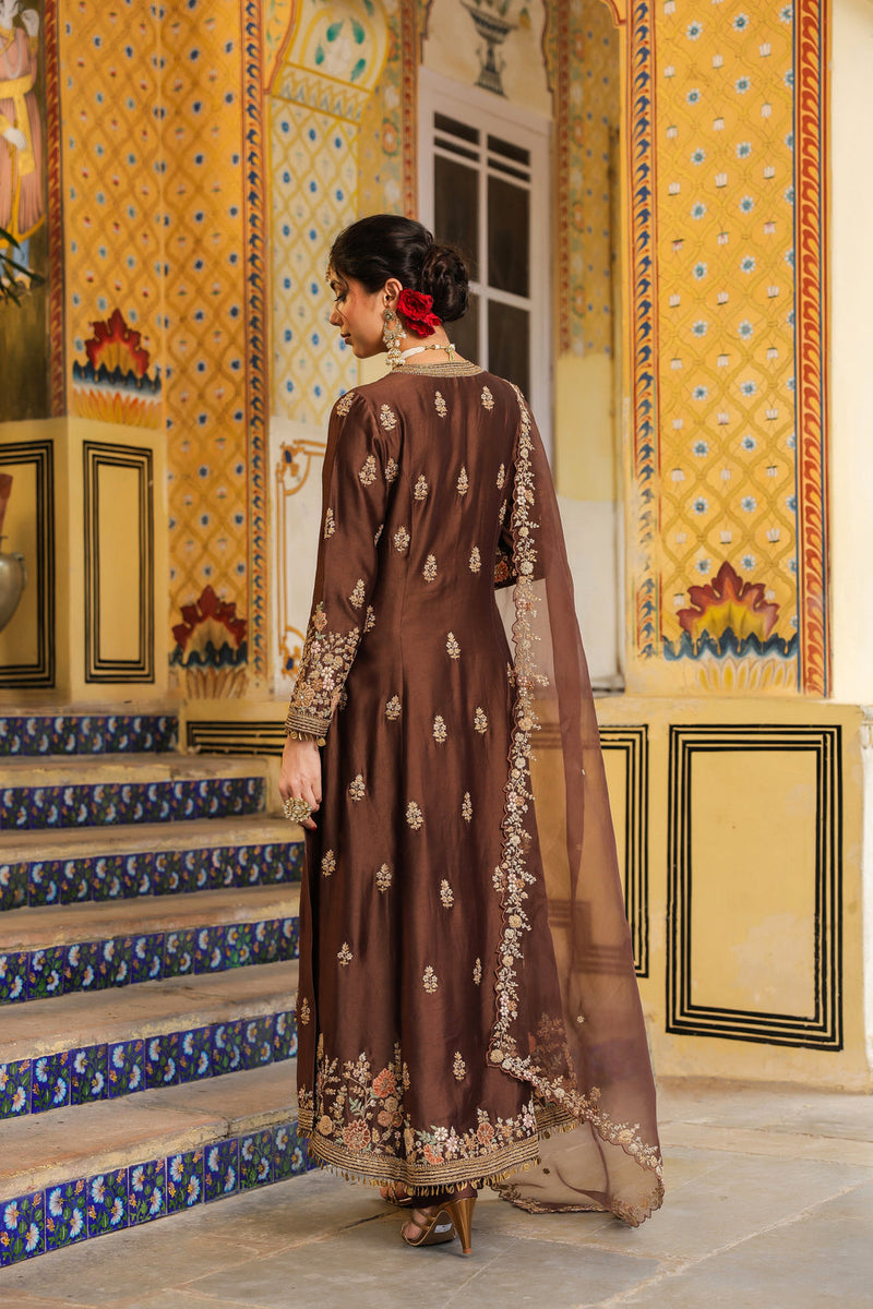 Ahista Brown Jacket Anarkali Set silk tencel kurta/kurta set by Niti Bothra in brown for women in Singapore