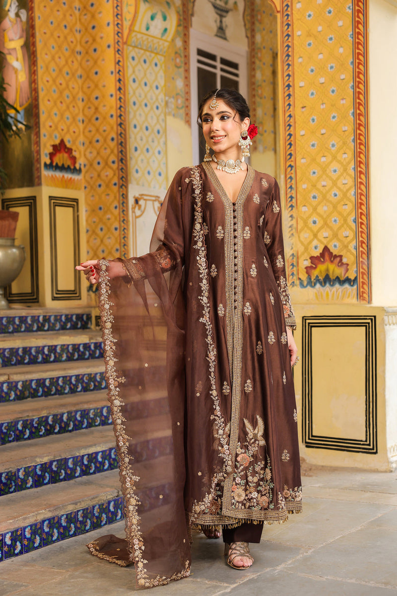 Ahista Brown Jacket Anarkali Set silk tencel kurta/kurta set by Niti Bothra in brown for women in Singapore