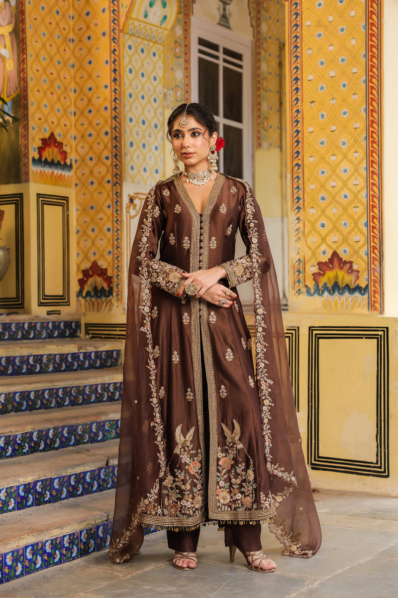 Ahista Brown Jacket Anarkali Set silk tencel kurta/kurta set by Niti Bothra in brown for women in Singapore