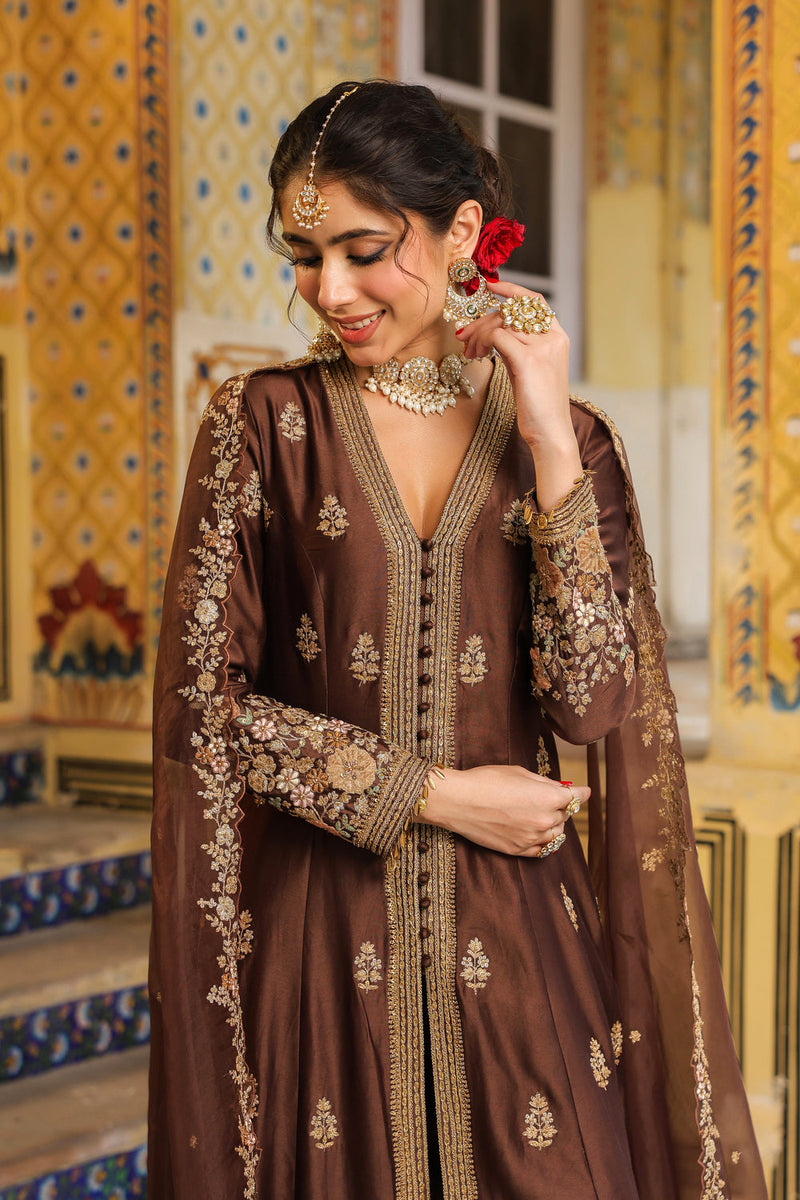 Ahista Brown Jacket Anarkali Set silk tencel kurta/kurta set by Niti Bothra in brown for women in Singapore