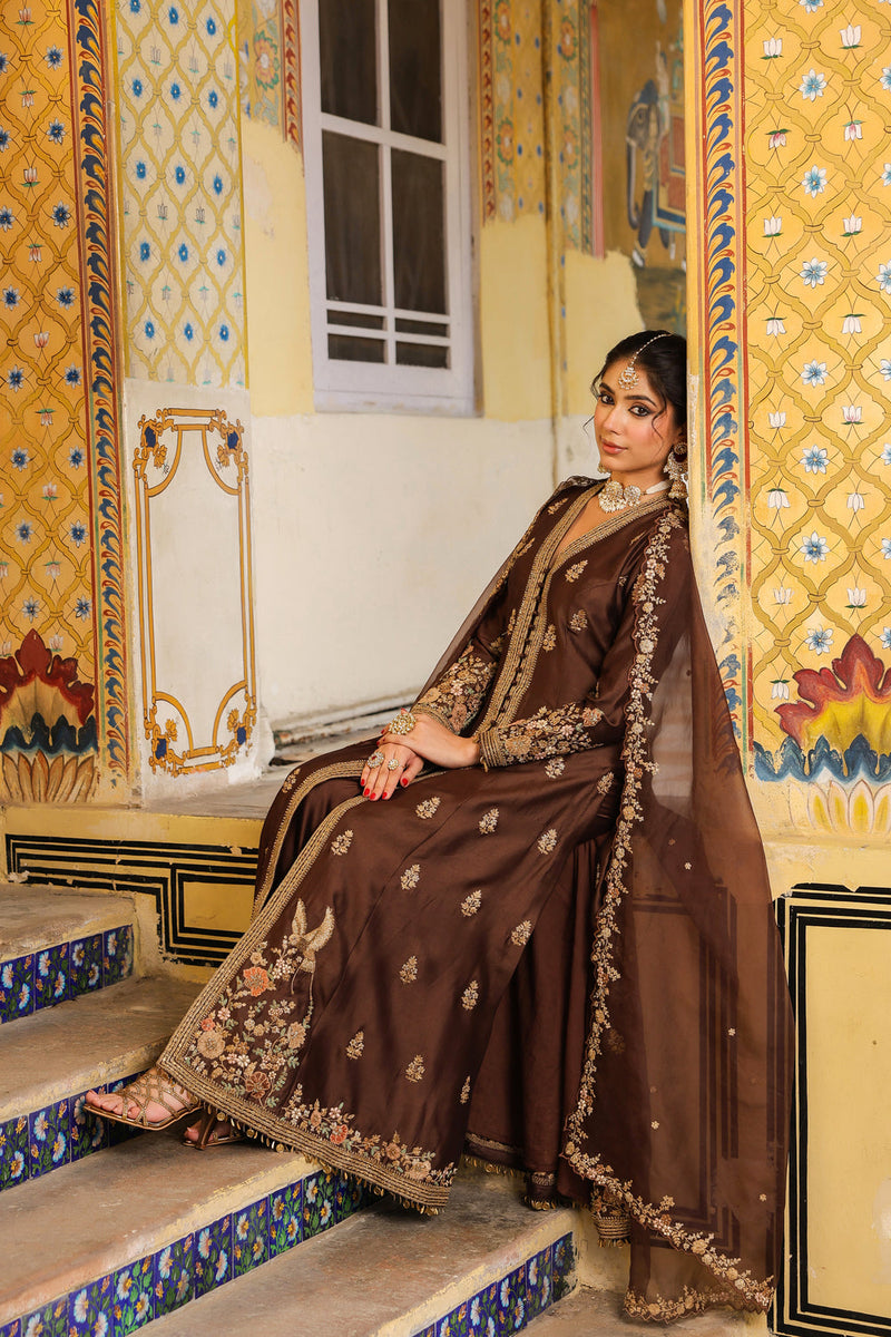 Ahista Brown Jacket Anarkali Set silk tencel kurta/kurta set by Niti Bothra in brown for women in Singapore