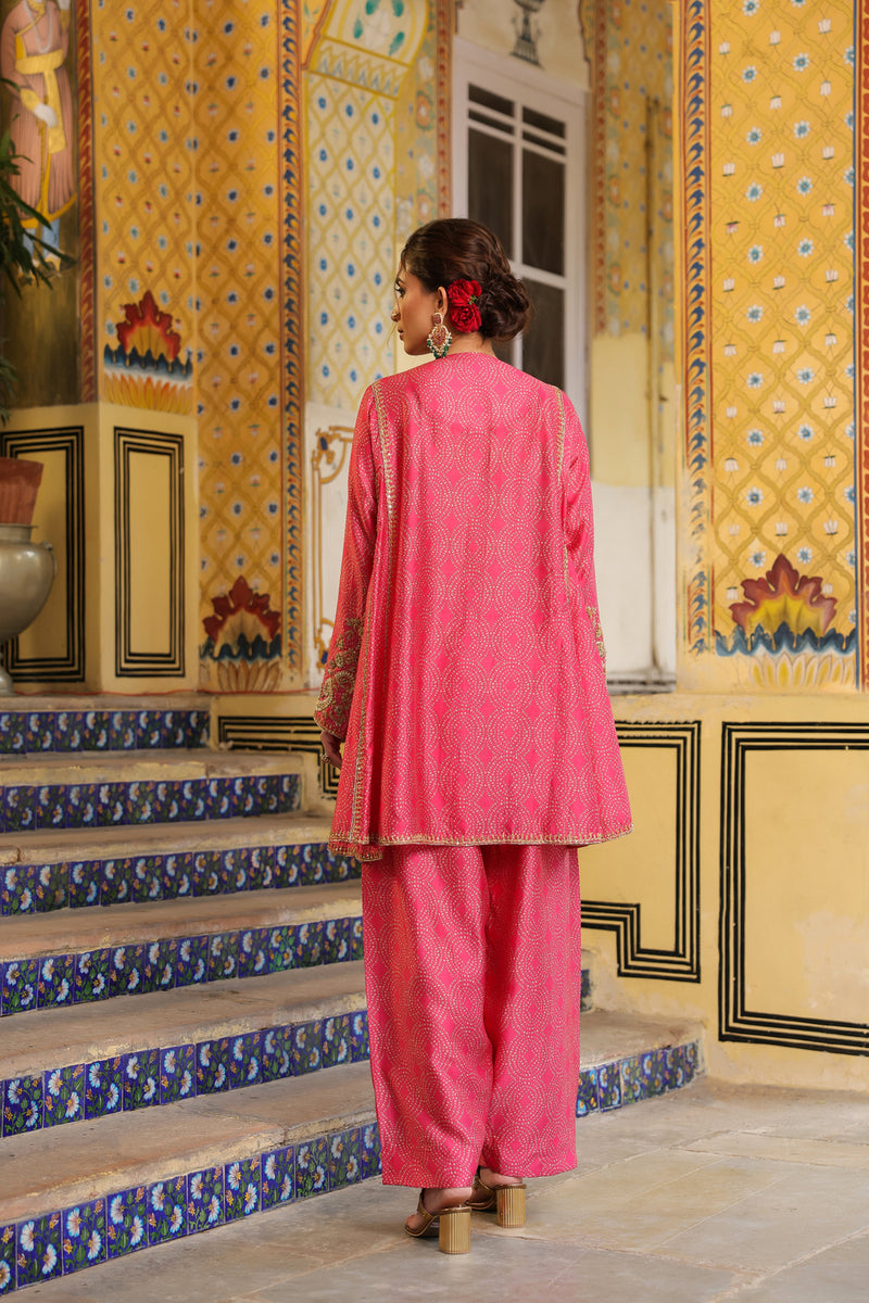 Ahista Pink Printed Pheran Short Kurta Set silk tencel kurta/kurta set by Niti Bothra in pink for women in Singapore