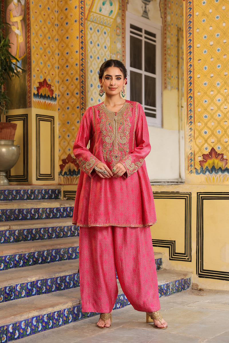 Ahista Pink Printed Pheran Short Kurta Set silk tencel kurta/kurta set by Niti Bothra in pink for women in Singapore