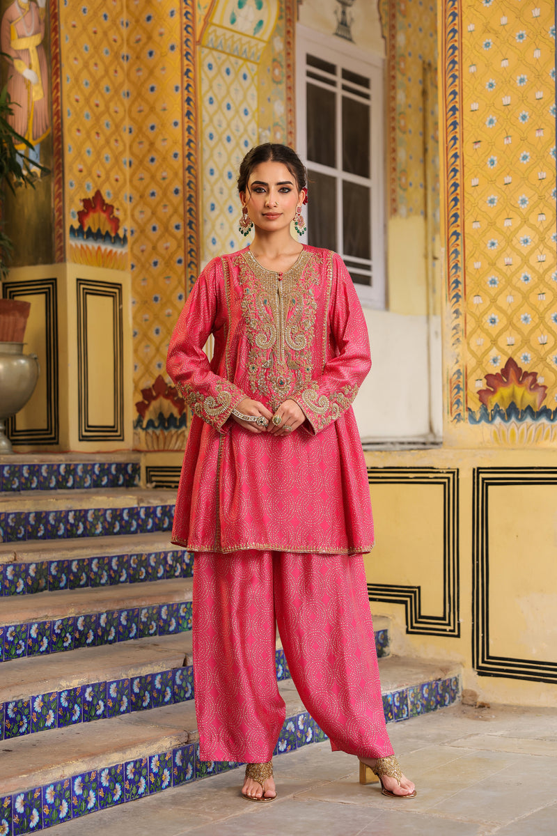 Ahista Pink Printed Pheran Short Kurta Set silk tencel kurta/kurta set by Niti Bothra in pink for women in Singapore