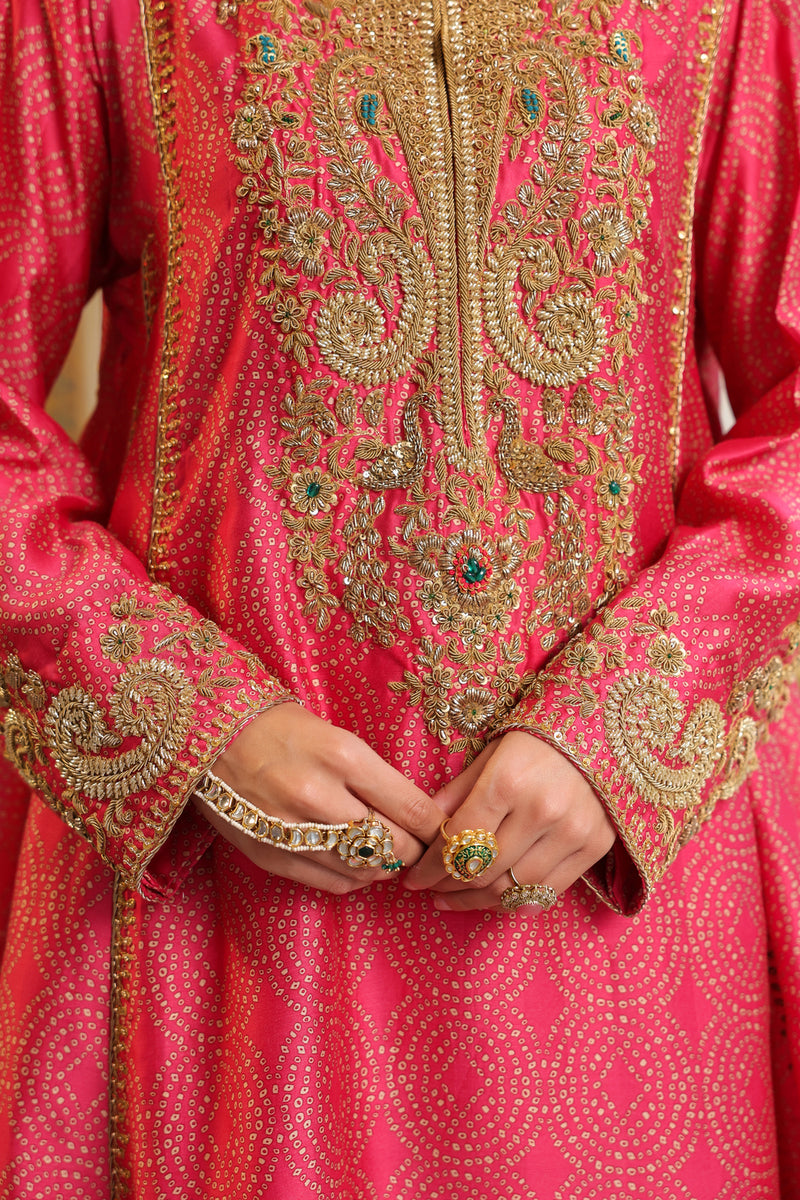 Ahista Pink Printed Pheran Short Kurta Set silk tencel kurta/kurta set by Niti Bothra in pink for women in Singapore