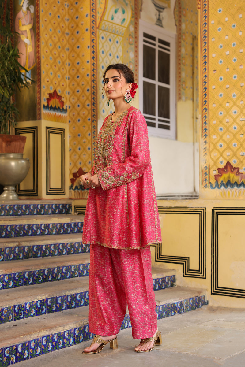 Ahista Pink Printed Pheran Short Kurta Set silk tencel kurta/kurta set by Niti Bothra in pink for women in Singapore