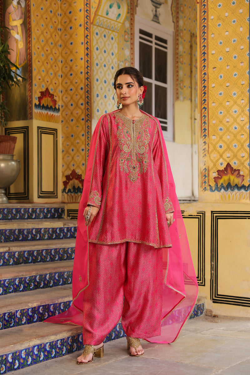 Ahista Pink Printed Pheran Short Kurta Set silk tencel kurta/kurta set by Niti Bothra in pink for women in Singapore