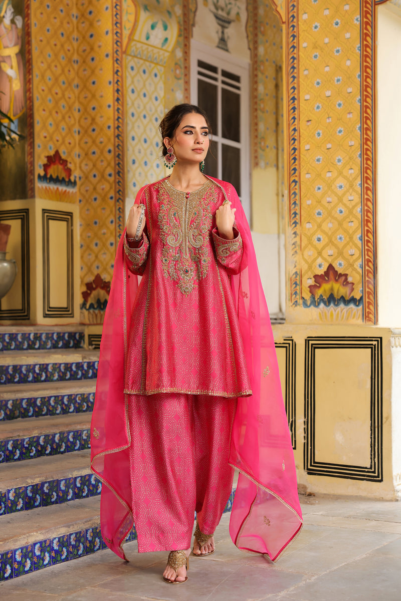 Ahista Pink Printed Pheran Short Kurta Set silk tencel kurta/kurta set by Niti Bothra in pink for women in Singapore
