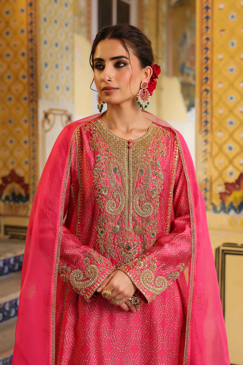 Ahista Pink Printed Pheran Short Kurta Set silk tencel kurta/kurta set by Niti Bothra in pink for women in Singapore