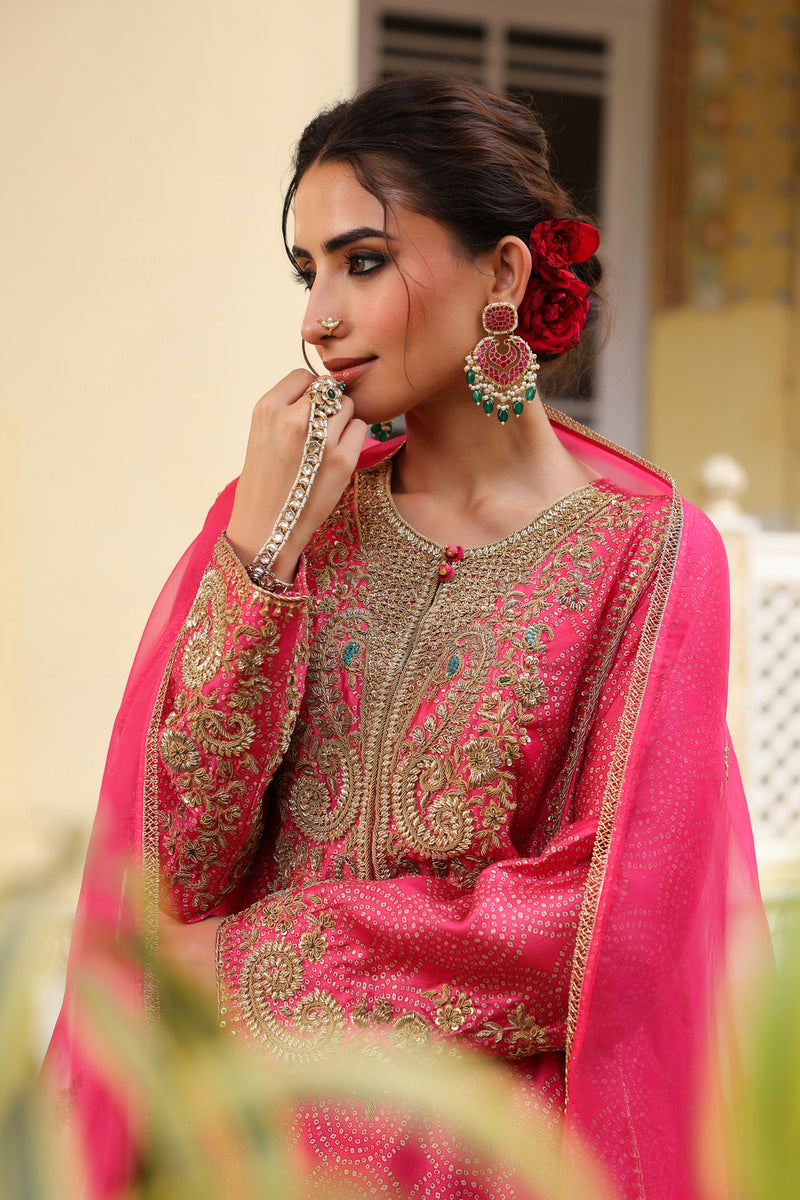 Ahista Pink Printed Pheran Short Kurta Set silk tencel kurta/kurta set by Niti Bothra in pink for women in Singapore