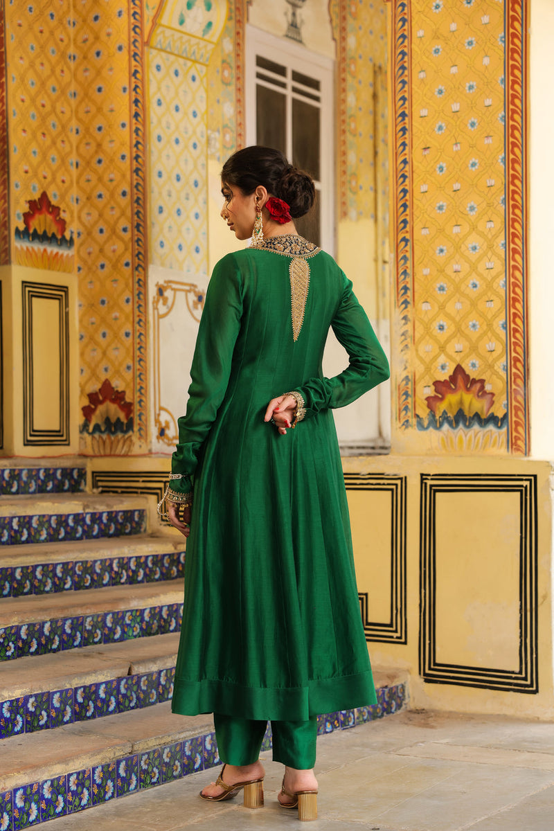 Ahista Green Kalidaar Set silk chanderi kurta/kurta set by Niti Bothra in green for women in Singapore