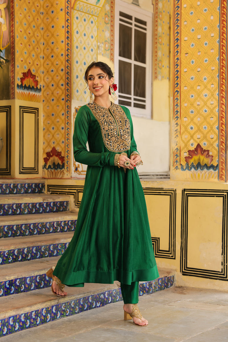Ahista Green Kalidaar Set silk chanderi kurta/kurta set by Niti Bothra in green for women in Singapore