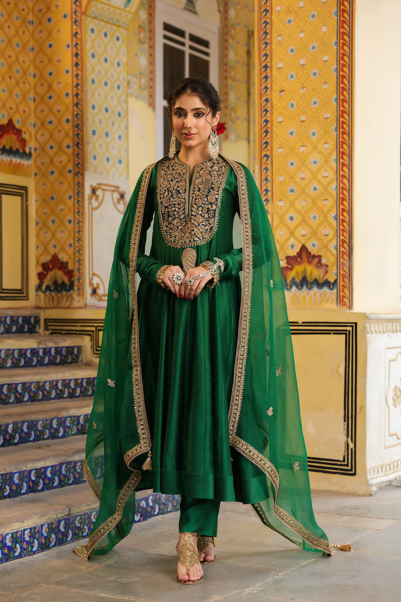 Ahista Green Kalidaar Set silk chanderi kurta/kurta set by Niti Bothra in green for women in Singapore