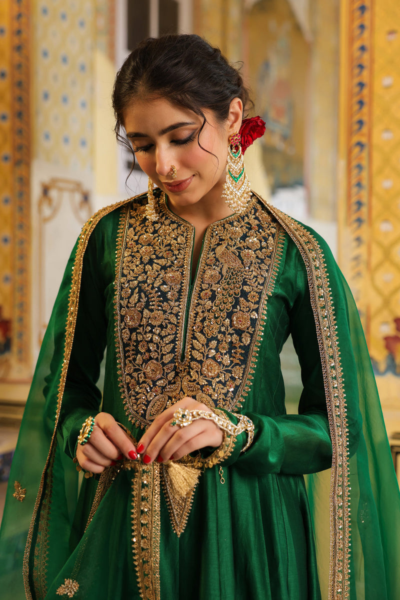 Ahista Green Kalidaar Set silk chanderi kurta/kurta set by Niti Bothra in green for women in Singapore