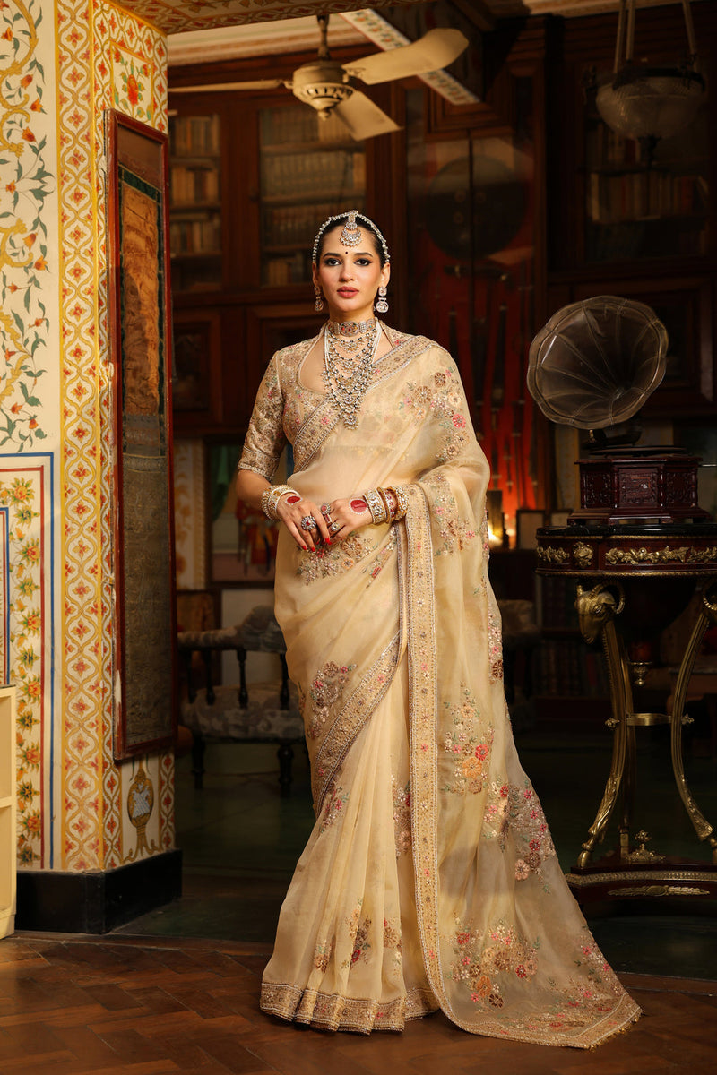 Ahista Ivory Mayur Applique Saree Set organza & chiniya silk saree by Niti Bothra in ivory for women in Singapore