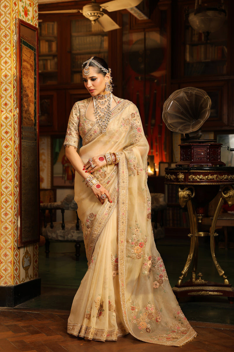 Ahista Ivory Mayur Applique Saree Set organza & chiniya silk saree by Niti Bothra in ivory for women in Singapore