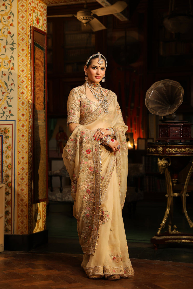 Ahista Ivory Mayur Applique Saree Set organza & chiniya silk saree by Niti Bothra in ivory for women in Singapore