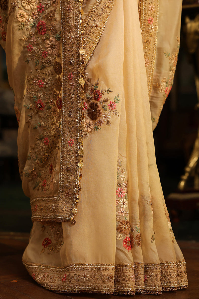 Ahista Ivory Mayur Applique Saree Set organza & chiniya silk saree by Niti Bothra in ivory for women in Singapore