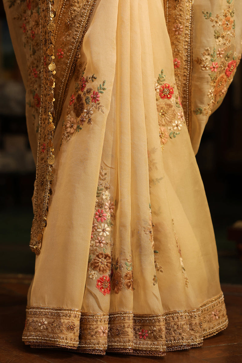 Ahista Ivory Mayur Applique Saree Set organza & chiniya silk saree by Niti Bothra in ivory for women in Singapore