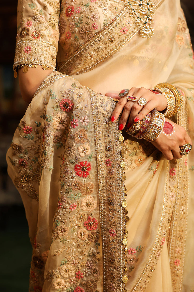 Ahista Ivory Mayur Applique Saree Set organza & chiniya silk saree by Niti Bothra in ivory for women in Singapore