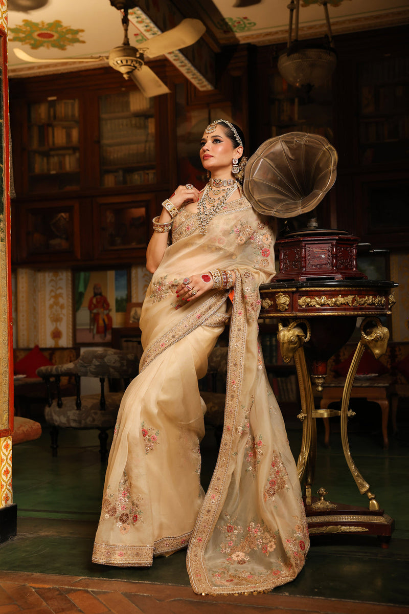 Ahista Ivory Mayur Applique Saree Set organza & chiniya silk saree by Niti Bothra in ivory for women in Singapore