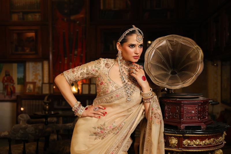 Ahista Ivory Mayur Applique Saree Set organza & chiniya silk saree by Niti Bothra in ivory for women in Singapore