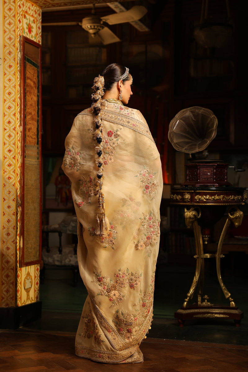 Ahista Ivory Mayur Applique Saree Set organza & chiniya silk saree by Niti Bothra in ivory for women in Singapore