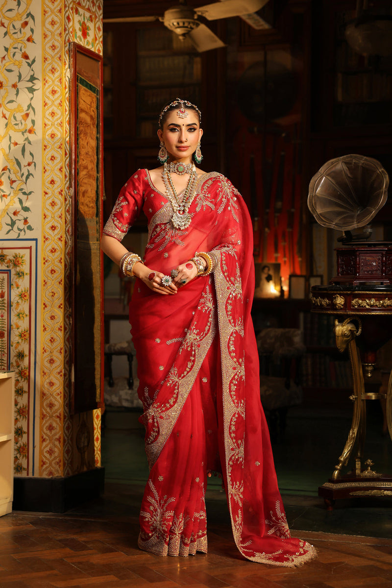 Ahista Red Zardosi Saree Set organza & chiniya silk saree by Niti Bothra in red for women in Singapore