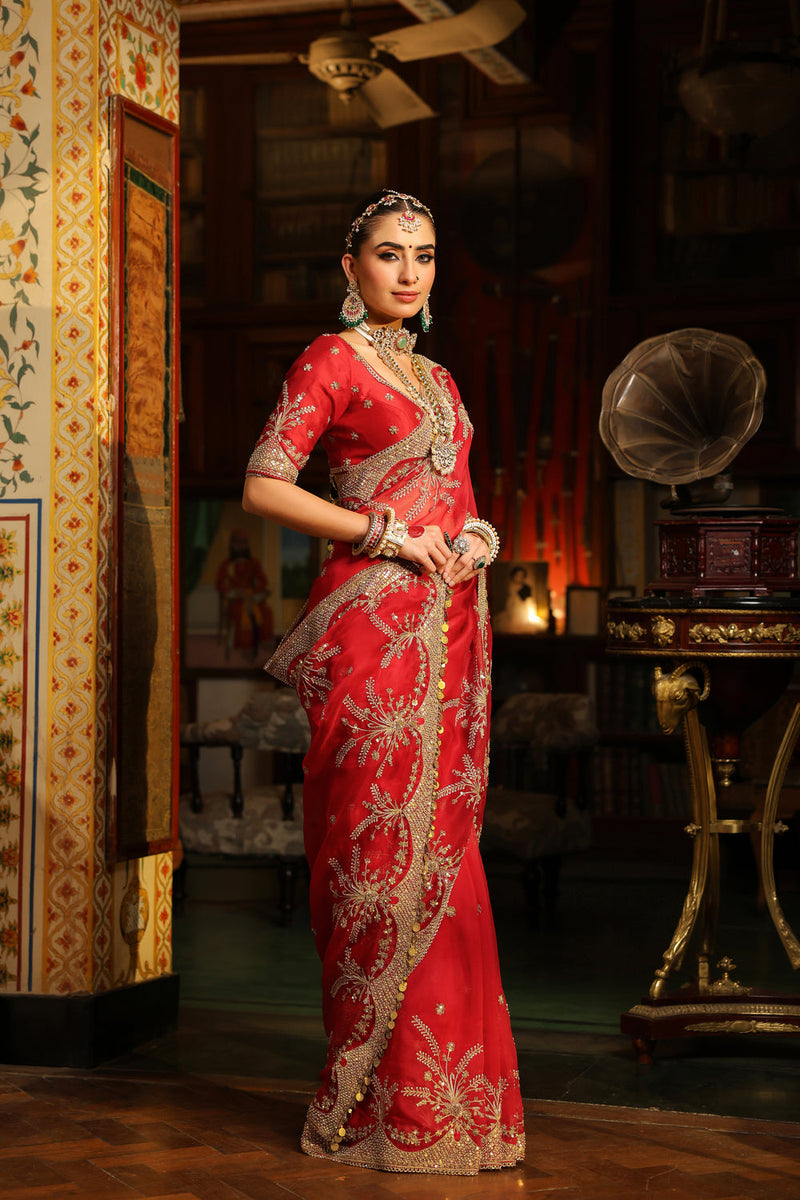 Ahista Red Zardosi Saree Set organza & chiniya silk saree by Niti Bothra in red for women in Singapore