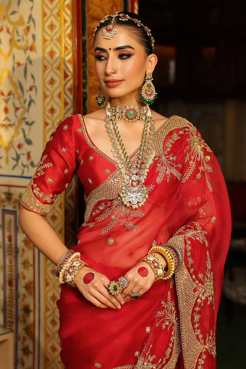Ahista Red Zardosi Saree Set organza & chiniya silk saree by Niti Bothra in red for women in Singapore