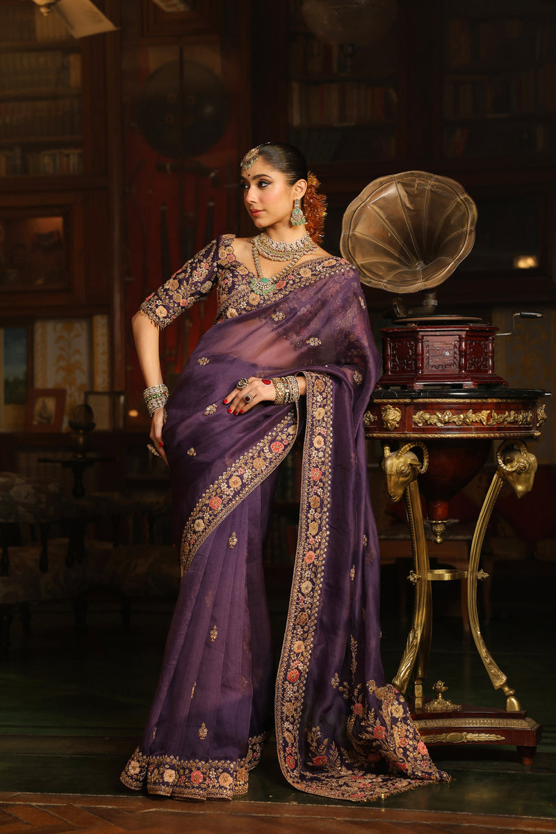 Ahista Purple Mayur Applique Border Saree Set organza & chiniya silk saree by Niti Bothra in purple for women in Singapore