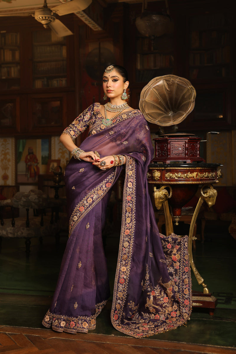 Ahista Purple Mayur Applique Border Saree Set organza & chiniya silk saree by Niti Bothra in purple for women in Singapore