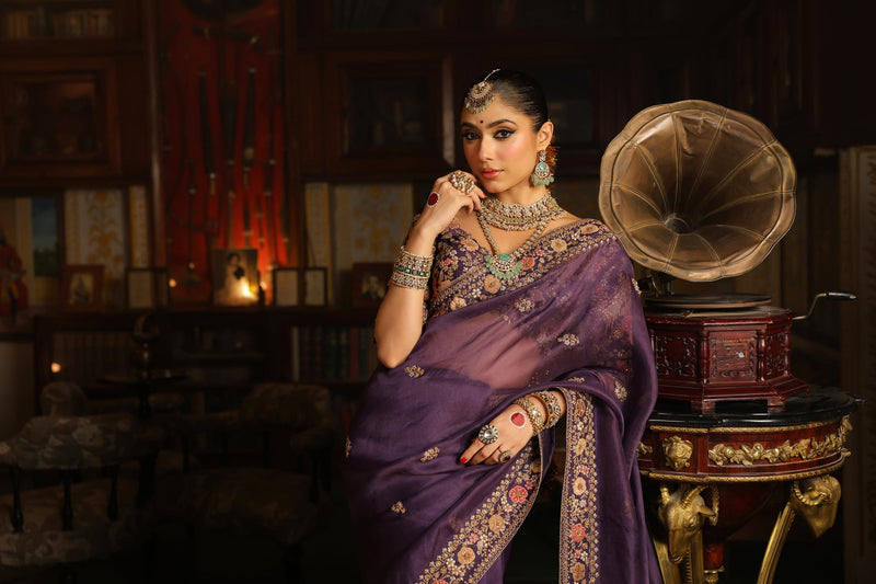 Ahista Purple Mayur Applique Border Saree Set organza & chiniya silk saree by Niti Bothra in purple for women in Singapore