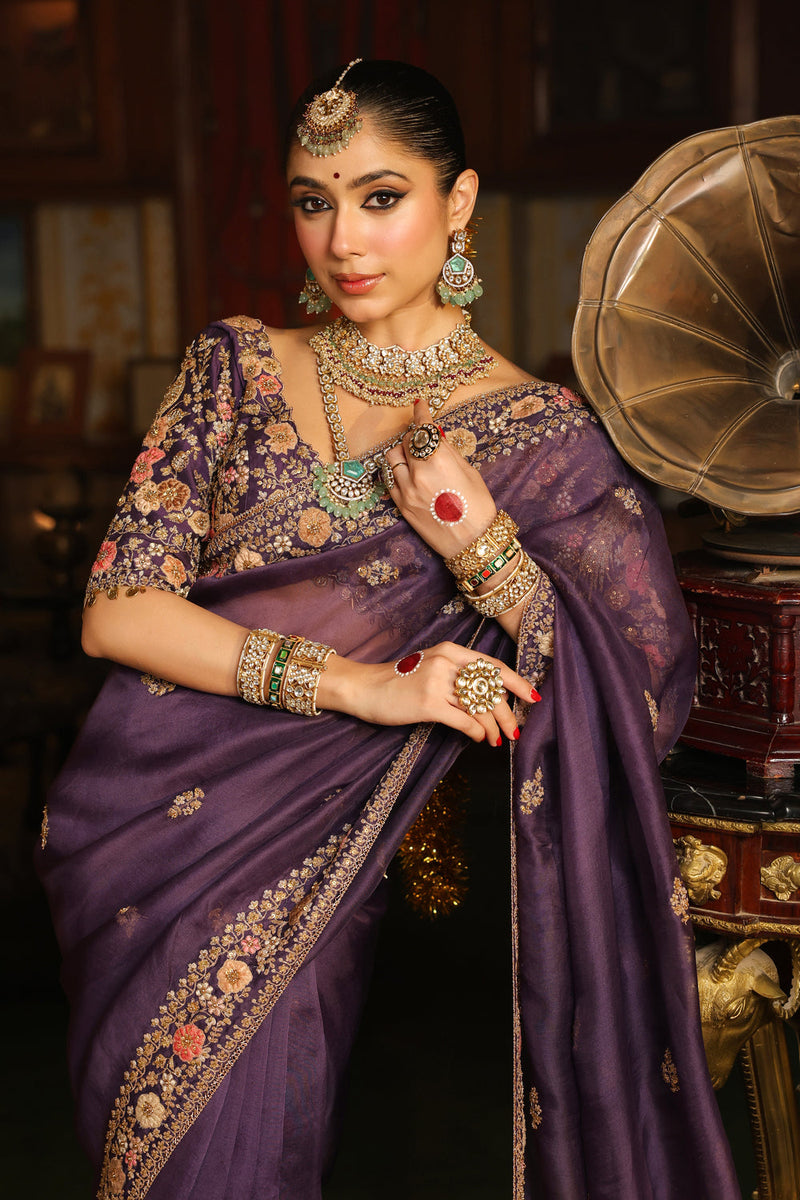 Ahista Purple Mayur Applique Border Saree Set organza & chiniya silk saree by Niti Bothra in purple for women in Singapore
