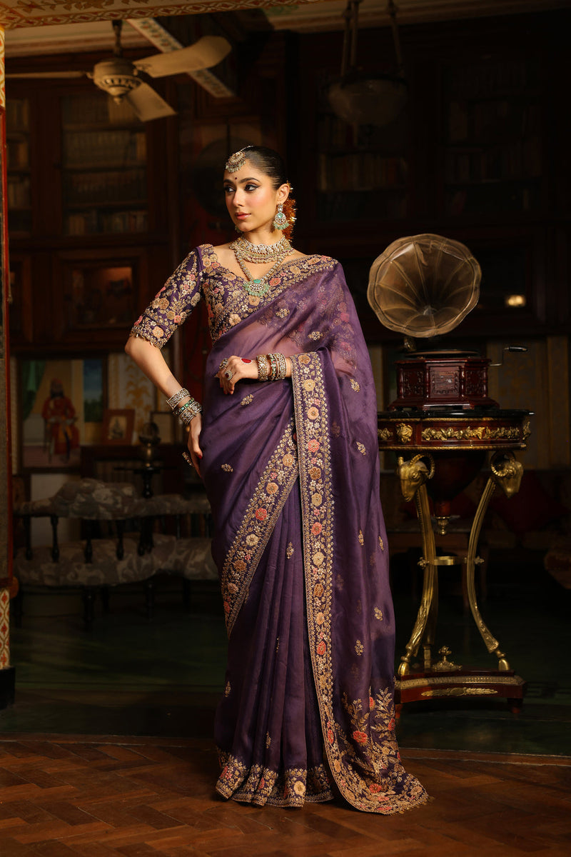 Ahista Purple Mayur Applique Border Saree Set organza & chiniya silk saree by Niti Bothra in purple for women in Singapore