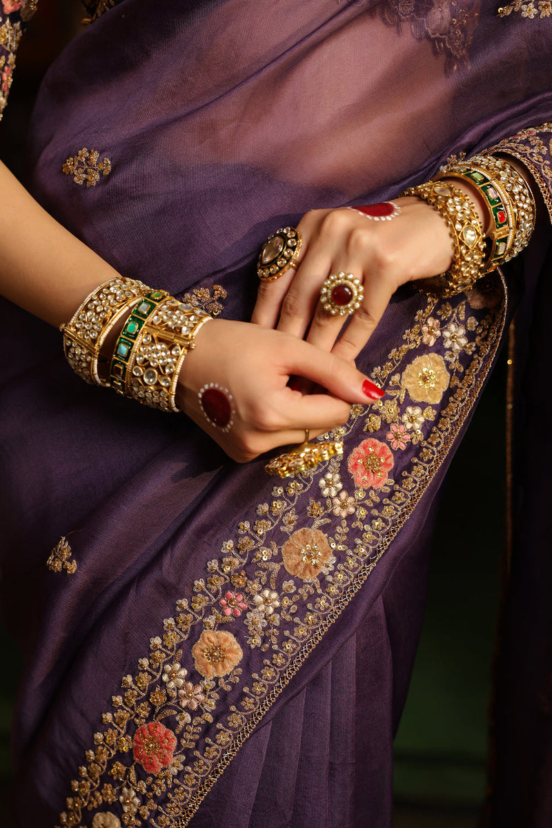 Ahista Purple Mayur Applique Border Saree Set organza & chiniya silk saree by Niti Bothra in purple for women in Singapore