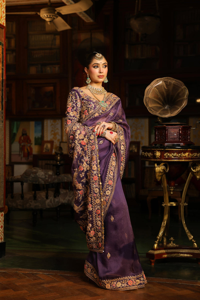 Ahista Purple Mayur Applique Border Saree Set organza & chiniya silk saree by Niti Bothra in purple for women in Singapore