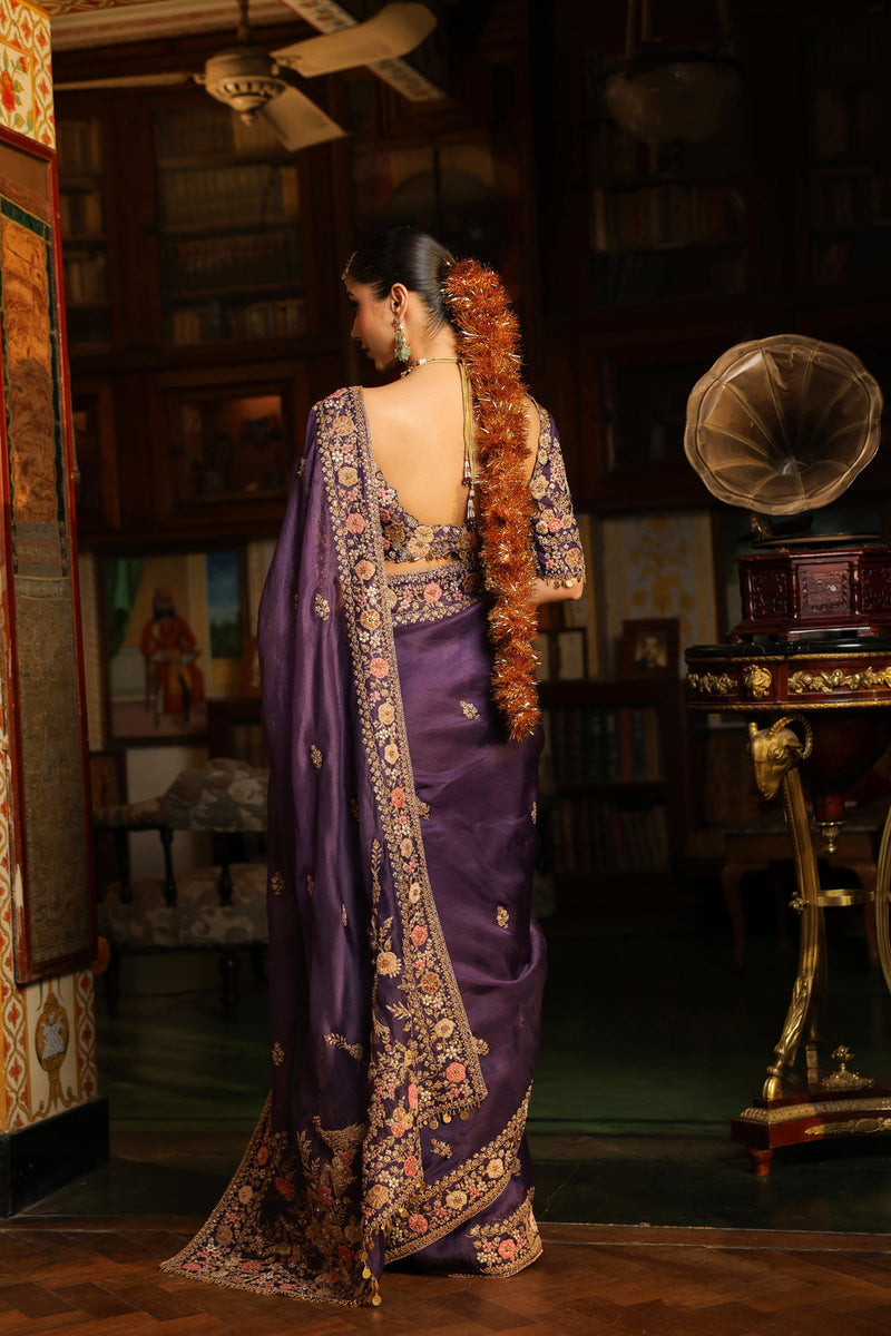 Ahista Purple Mayur Applique Border Saree Set organza & chiniya silk saree by Niti Bothra in purple for women in Singapore