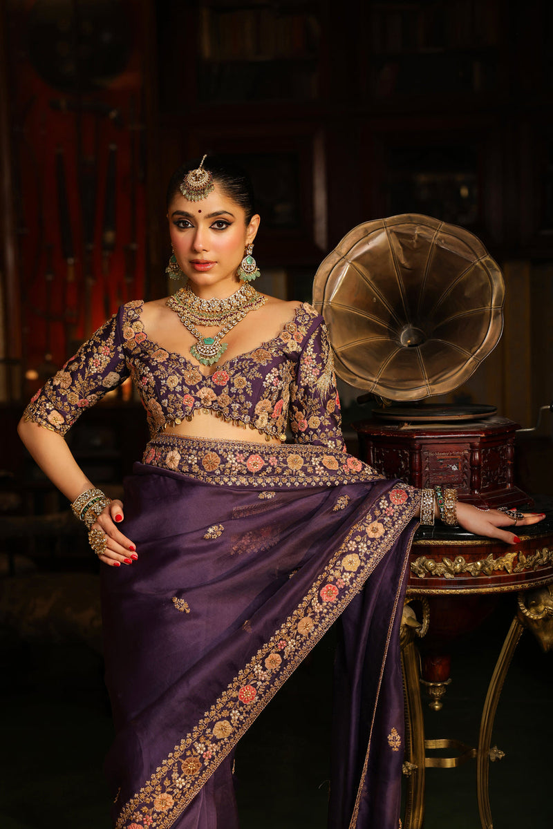 Ahista Purple Mayur Applique Border Saree Set organza & chiniya silk saree by Niti Bothra in purple for women in Singapore