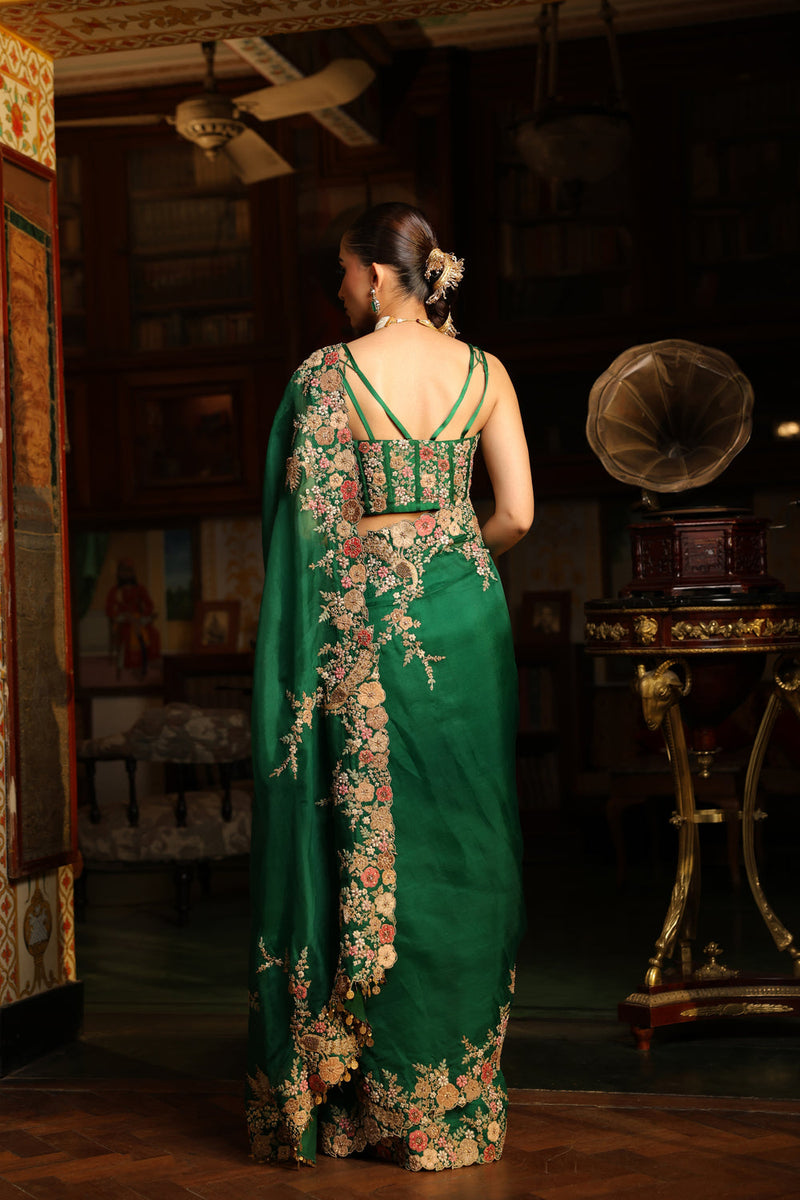 Ahista Green Mayur Applique Cutwork Saree Set organza & chiniya silk saree by Niti Bothra in green for women in Singapore