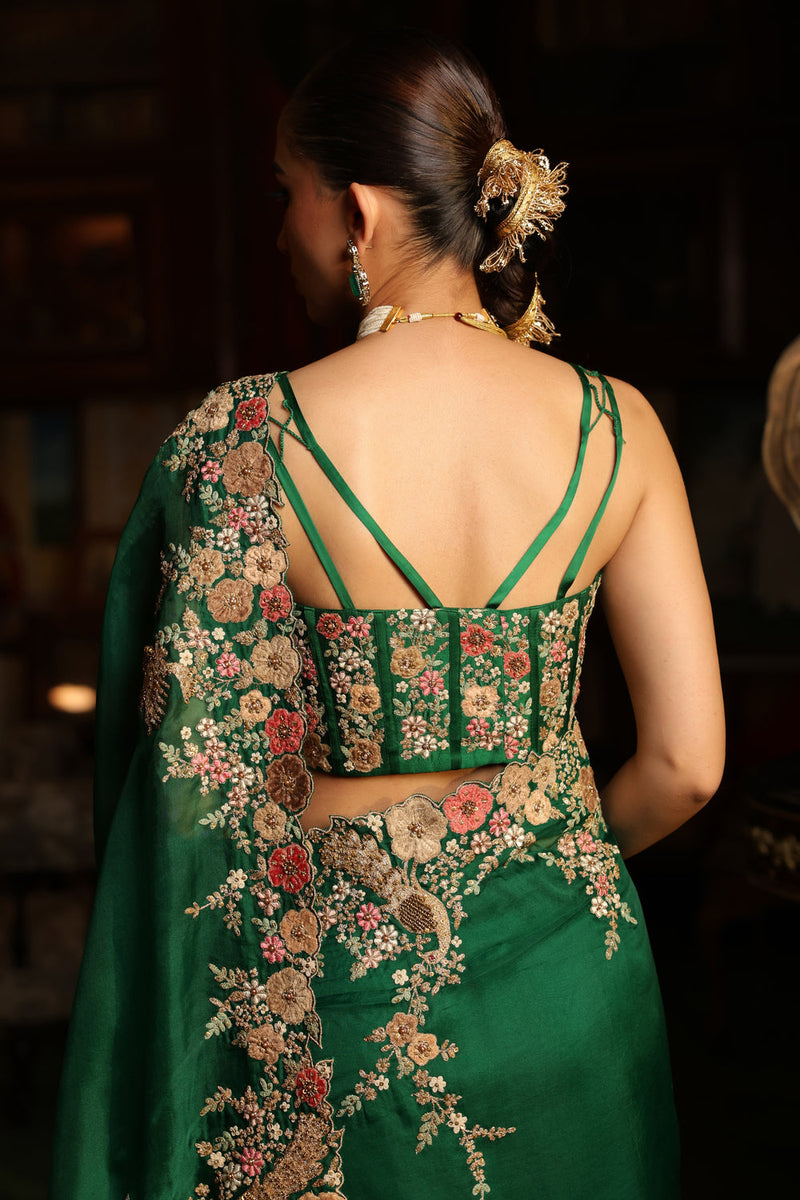Ahista Green Mayur Applique Cutwork Saree Set organza & chiniya silk saree by Niti Bothra in green for women in Singapore