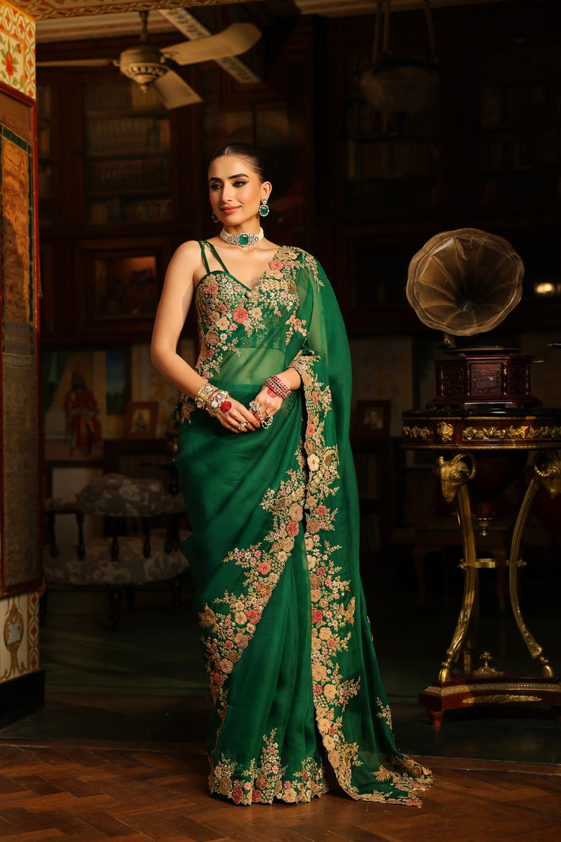 Ahista Green Mayur Applique Cutwork Saree Set organza & chiniya silk saree by Niti Bothra in green for women in Singapore