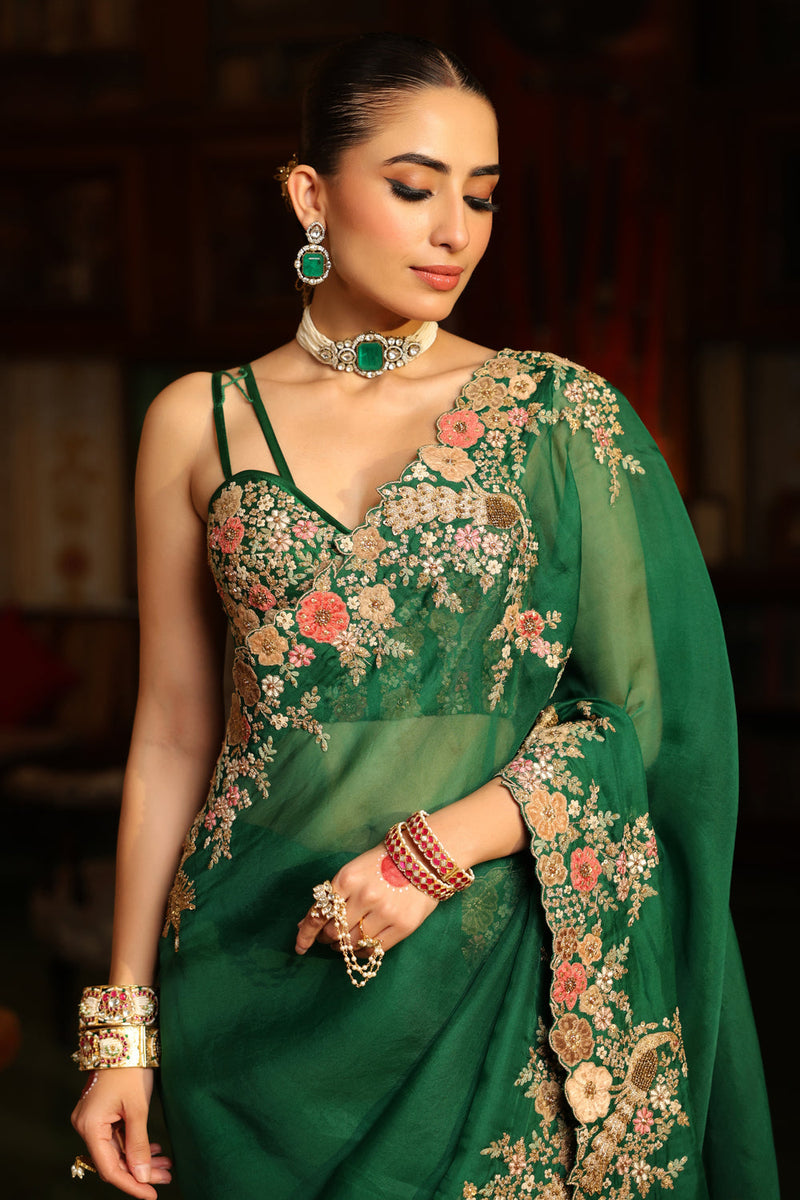 Ahista Green Mayur Applique Cutwork Saree Set organza & chiniya silk saree by Niti Bothra in green for women in Singapore